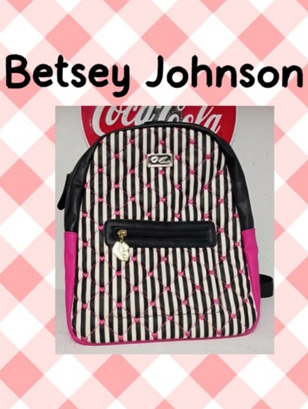 Betsey Johnson Black & White Striped Quilted Backpack with Pink Accents